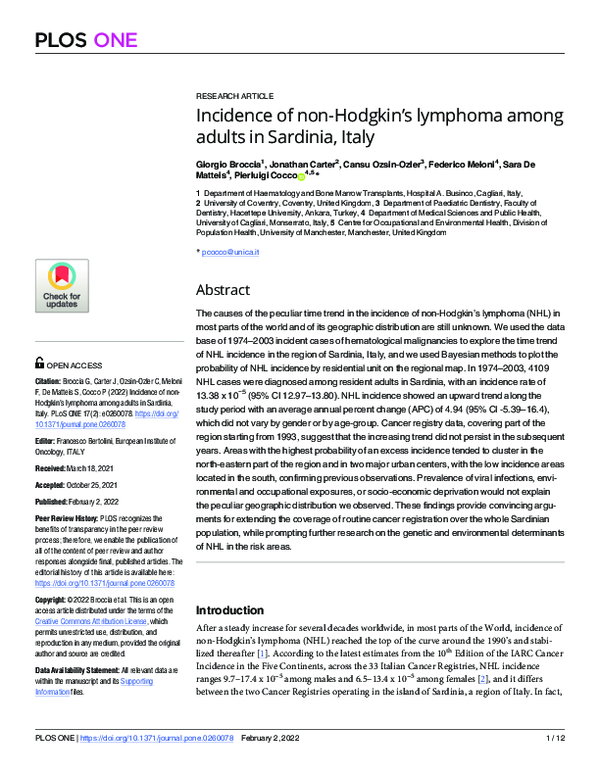 (PDF) Incidence of non-Hodgkin’s lymphoma among adults in Sardinia, Italy