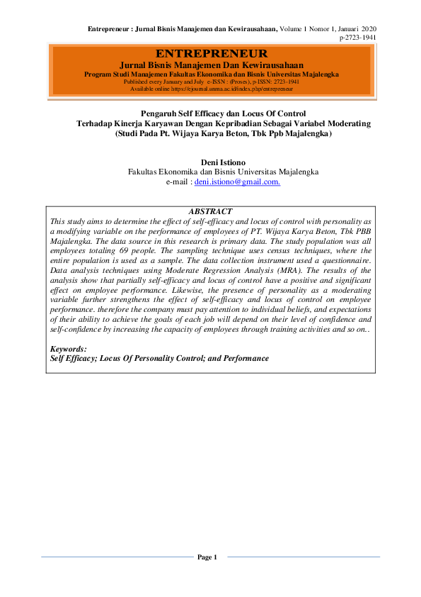 (PDF) Pengaruh Self Efficacy dan Locus Of Control Terhadap Kinerja ...