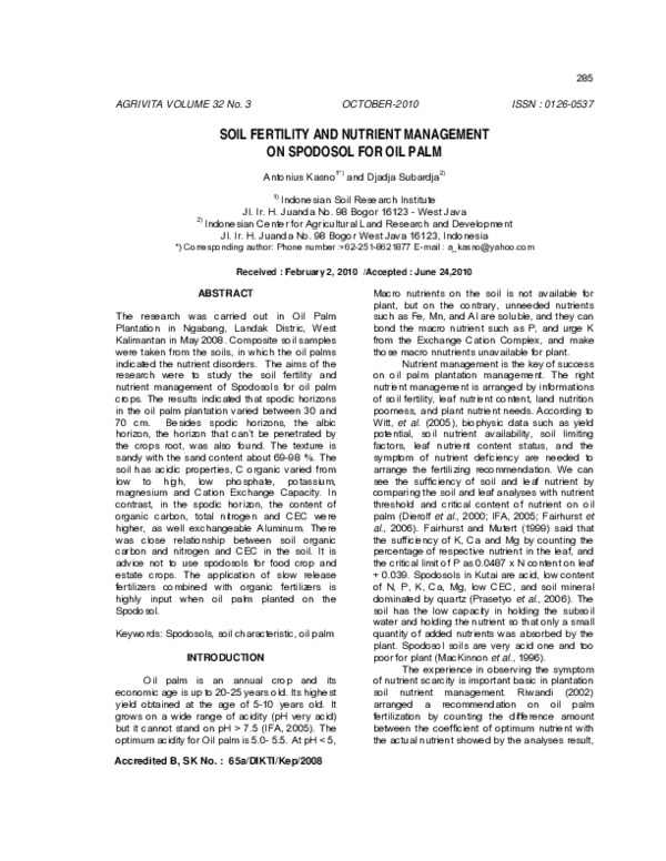 (PDF) Soil Fertility and Nutrient Management on Spodosol for Oil Palm