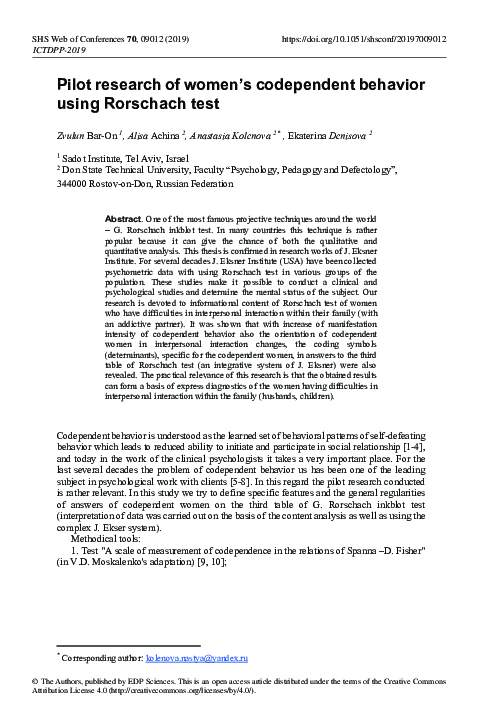 (PDF) Pilot research of women’s codependent behavior using Rorschach test
