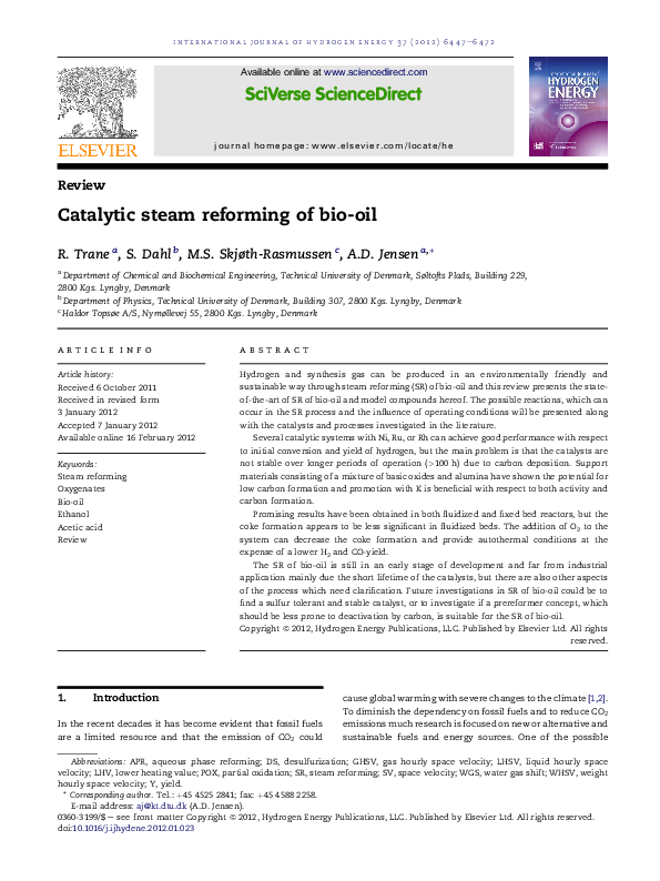 (PDF) Catalytic steam reforming of bio-oil