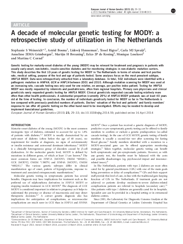 (PDF) A decade of molecular genetic testing for MODY: a retrospective ...
