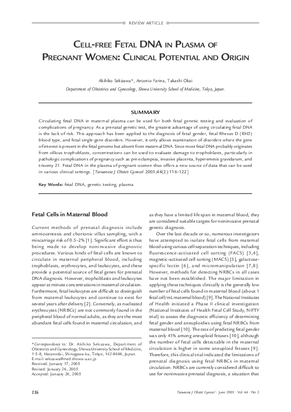 (PDF) Cell-Free Fetal DNA in Plasma of Pregnant Women: Clinical ...
