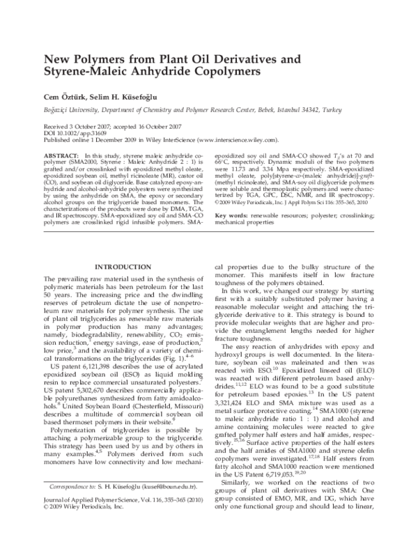 New polymers from plant oil derivatives and styrene-maleic anhydride ...