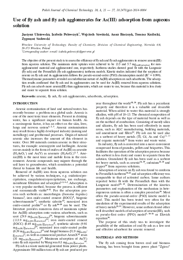 (PDF) Use of fly ash and fly ash agglomerates for As(III) adsorption ...