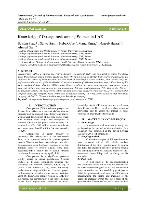 (PDF) Knowledge of Osteoporosis among Women in UAE