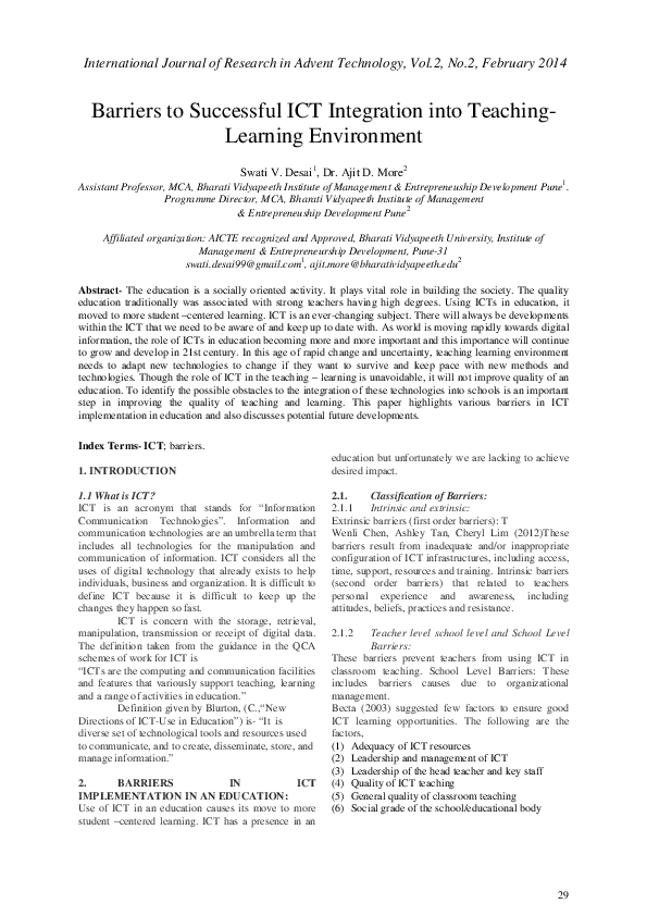 (PDF) Barriers to Successful ICT Integration into Teachin g- Learning ...