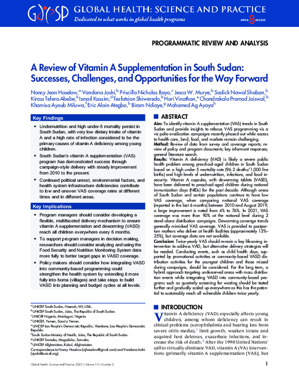 (PDF) A Review of Vitamin A Supplementation in South Sudan: Successes ...