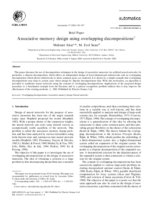 (PDF) Associative memory design using overlapping decompositions | Erol ...