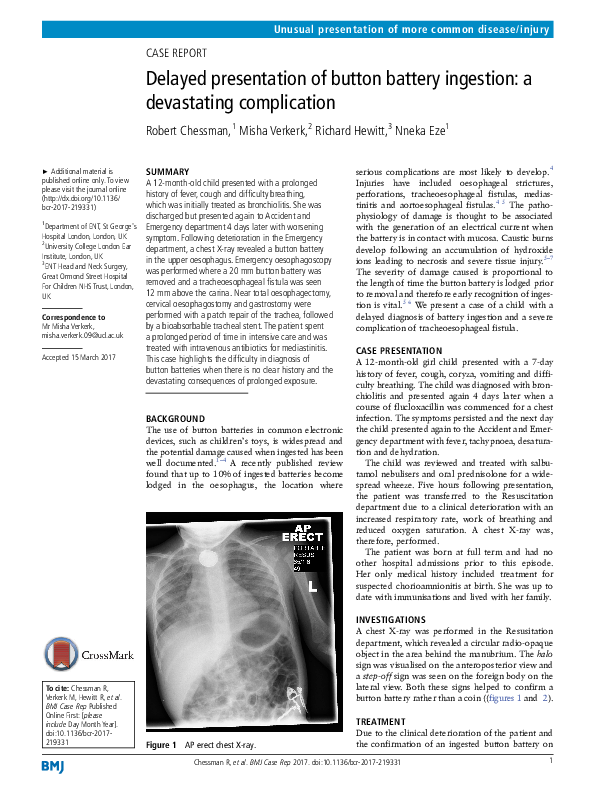 (PDF) Delayed presentation of button battery ingestion: a devastating ...