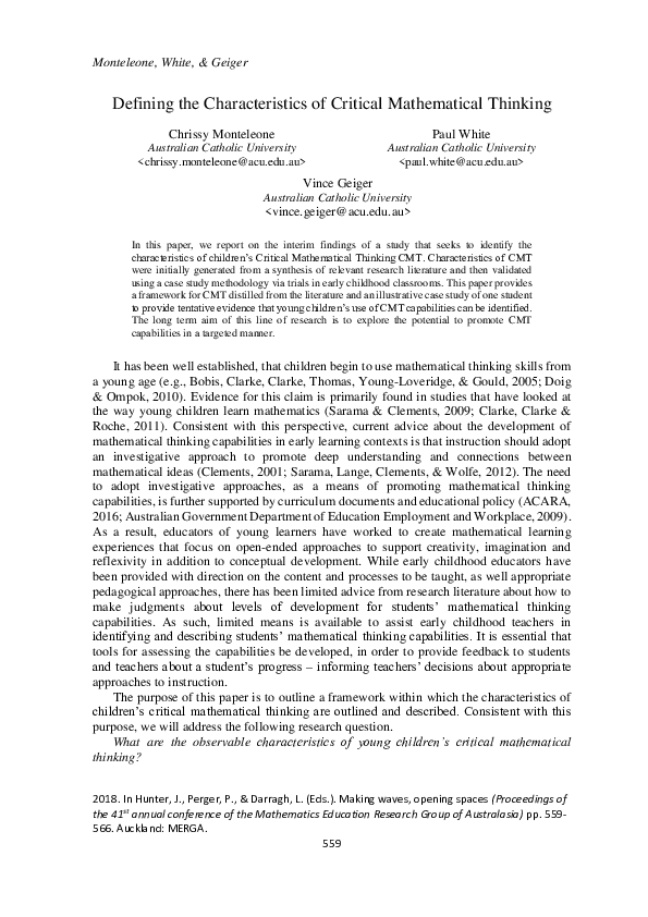 (PDF) Defining the Characteristics of Critical Mathematical Thinking