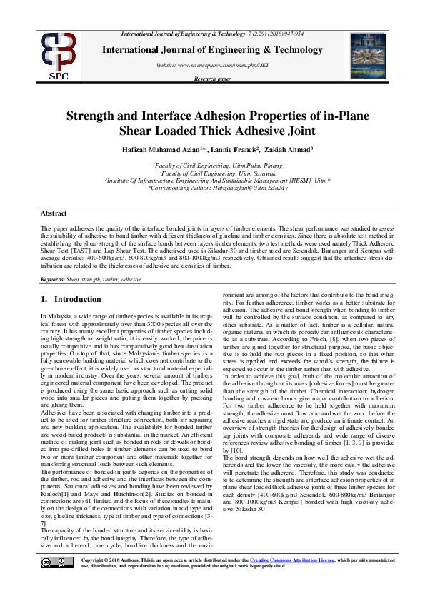 (PDF) Strength and Interface Adhesion Properties of inPlane Shear