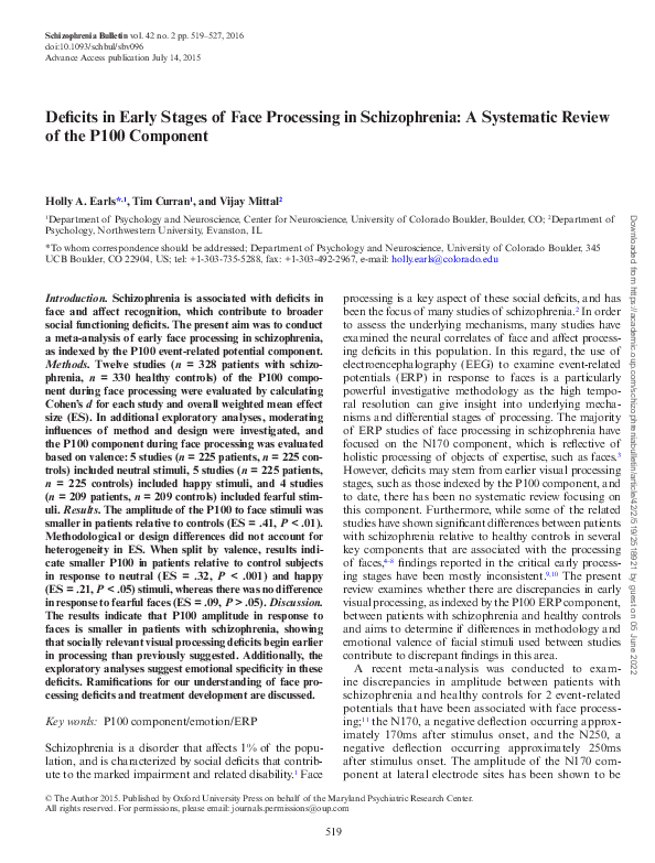 (PDF) Deficits in Early Stages of Face Processing in Schizophrenia: A ...