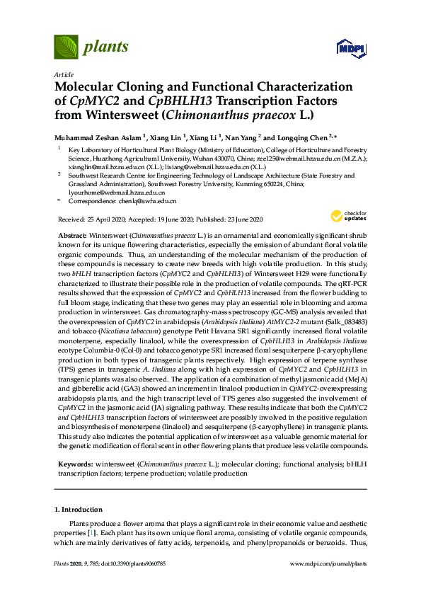 (PDF) Molecular Cloning and Functional Characterization of CpMYC2 and ...