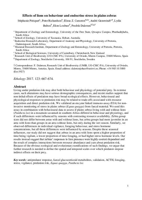 (PDF) Effects of lions on behaviour and endocrine stress in plains zebras