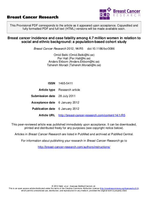 (PDF) Breast cancer incidence and case fatality among 4.7 million women ...