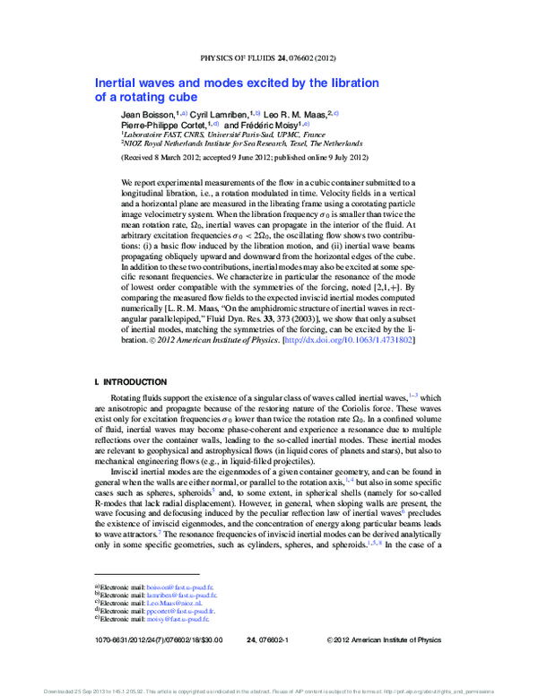 (PDF) Inertial waves and modes excited by the libration of a rotating cube