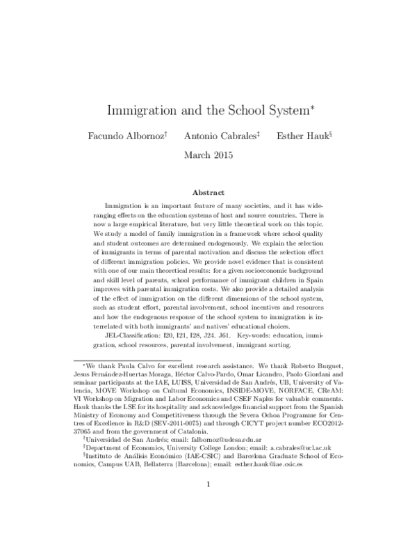(PDF) Immigration and the School System * Hauk thanks the LSE for its ...
