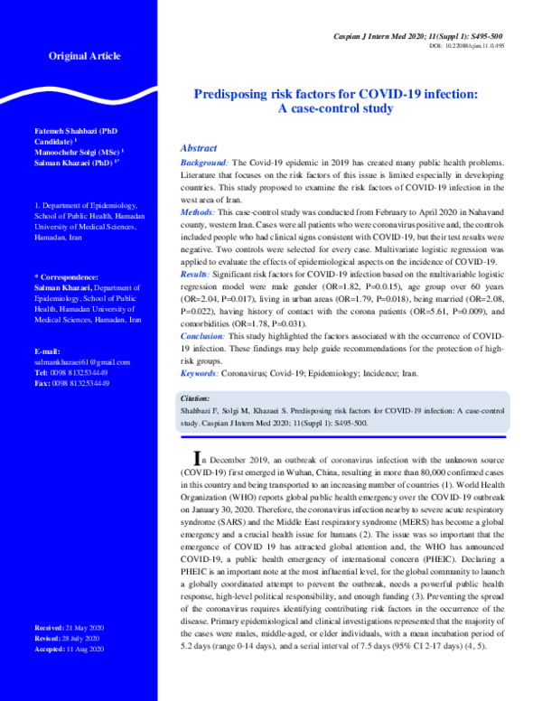 (PDF) Predisposing risk factors for COVID-19 infection: A case-control ...