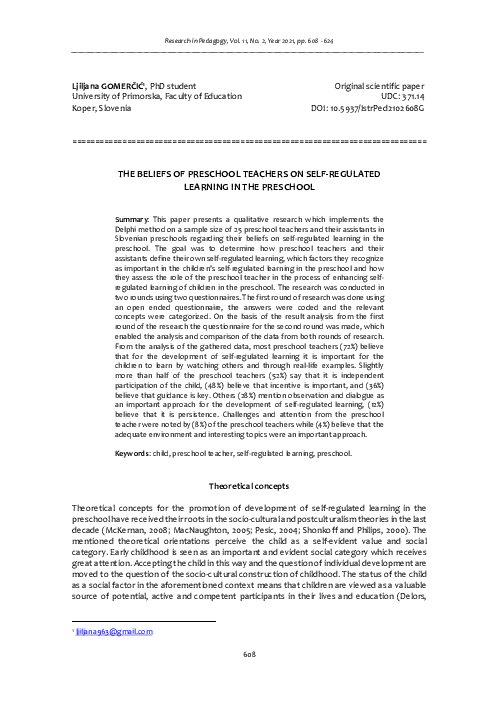 (PDF) The beliefs of preschool teachers on self-regulated learning in ...