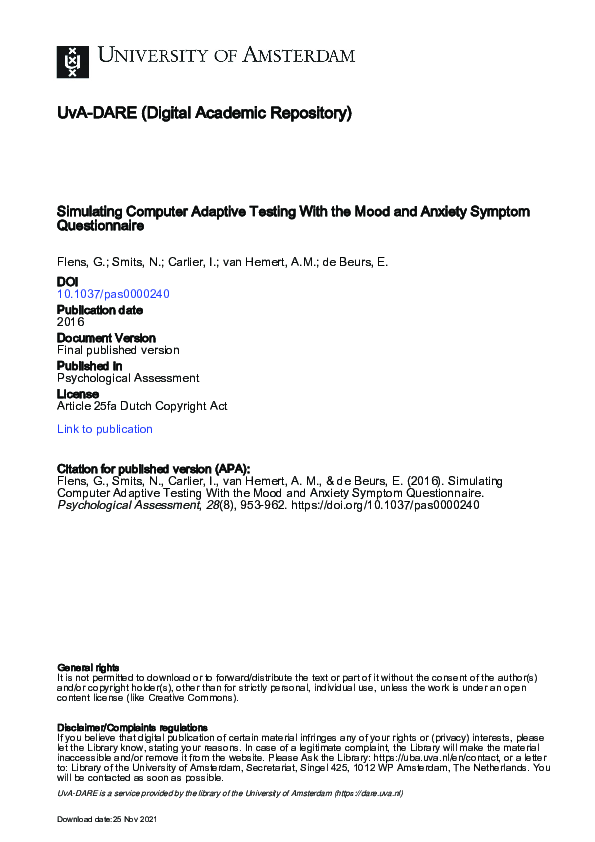 (PDF) Simulating Computer Adaptive Testing With the Mood and Anxiety ...