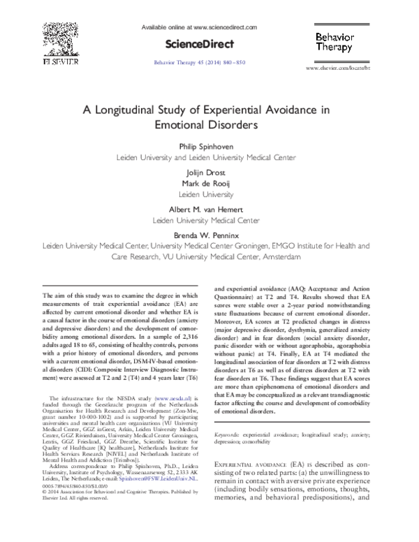 (PDF) A Longitudinal Study of Experiential Avoidance in Emotional Disorders