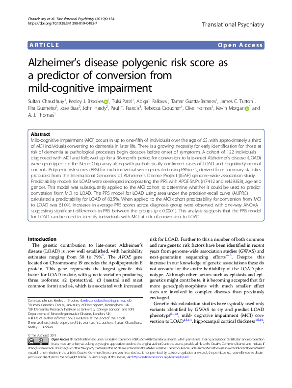 (PDF) Alzheimer’s disease polygenic risk score as a predictor of ...
