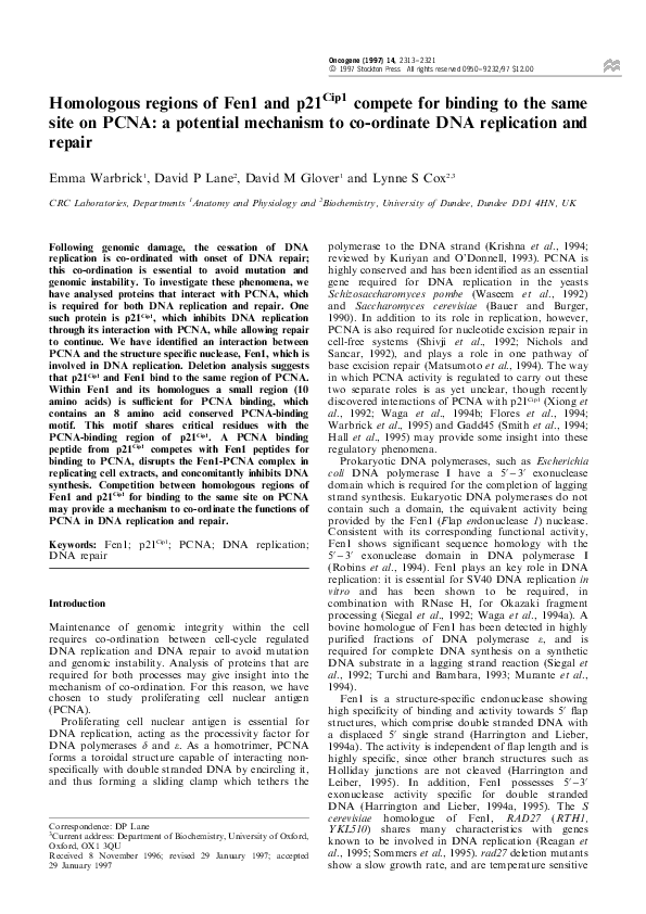 (PDF) Homologous regions of Fen1 and p21Cip1 compete for binding to the ...