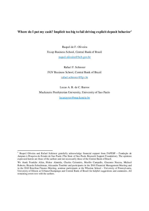 (PDF) Where do I put my cash? Implicit too big to fail driving explicit