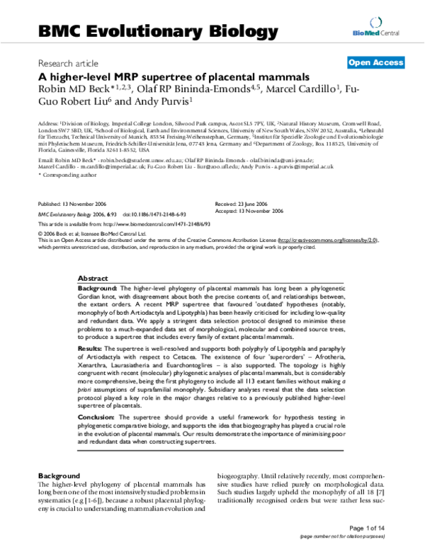 (PDF) A higher-level MRP supertree of placental mammals