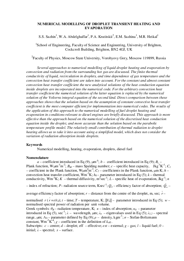 (PDF) Numerical Modeling of Droplet Transient Heating and Evaporation