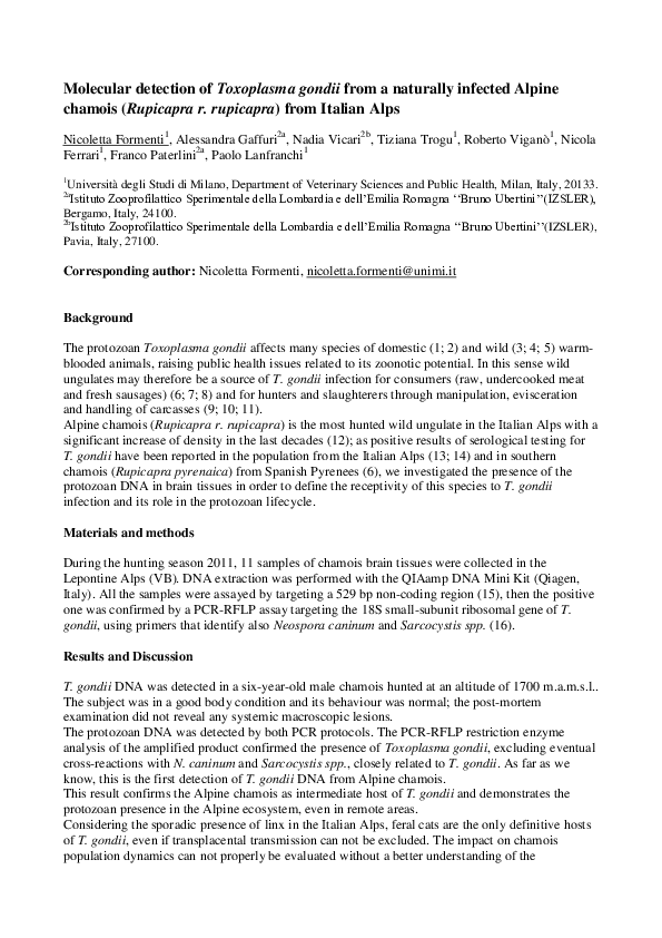 (PDF) Molecular detection of Toxoplasma gondii from a naturally ...