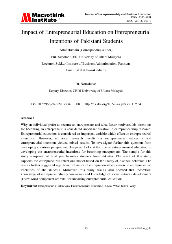 (PDF) Impact of entrepreneurial education on entrepreneurial intentions ...