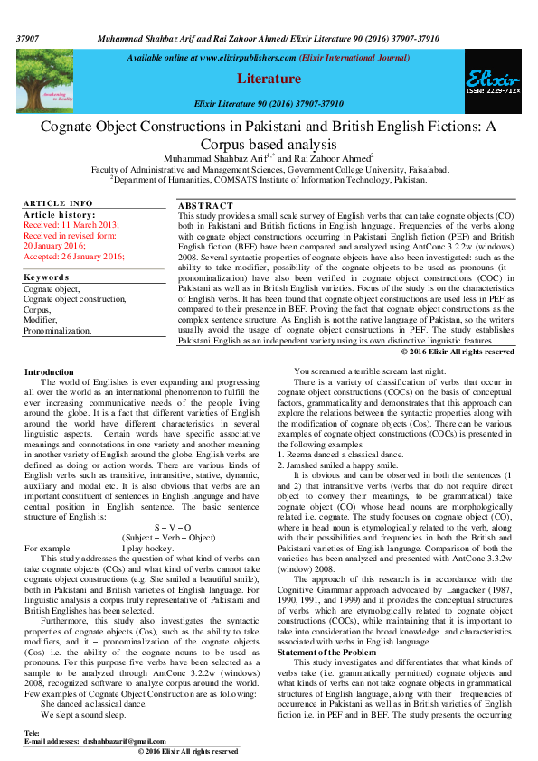 (PDF) Cognate Object Constructions in Pakistani and British English ...