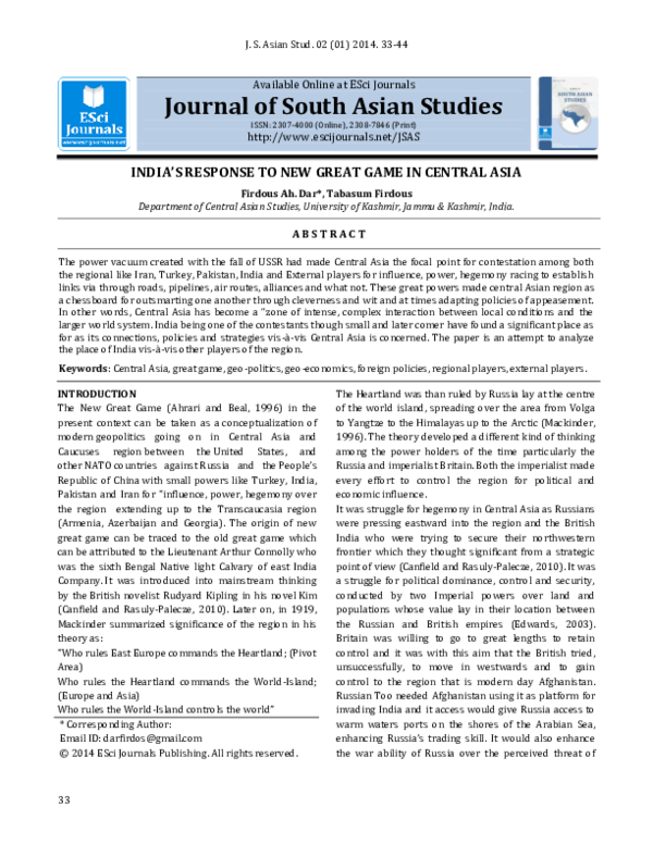 (PDF) India’s Response to New Great Game in Central Asia