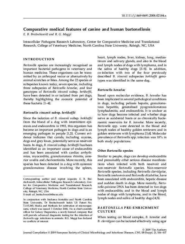 (PDF) Comparative medical features of canine and human bartonellosis