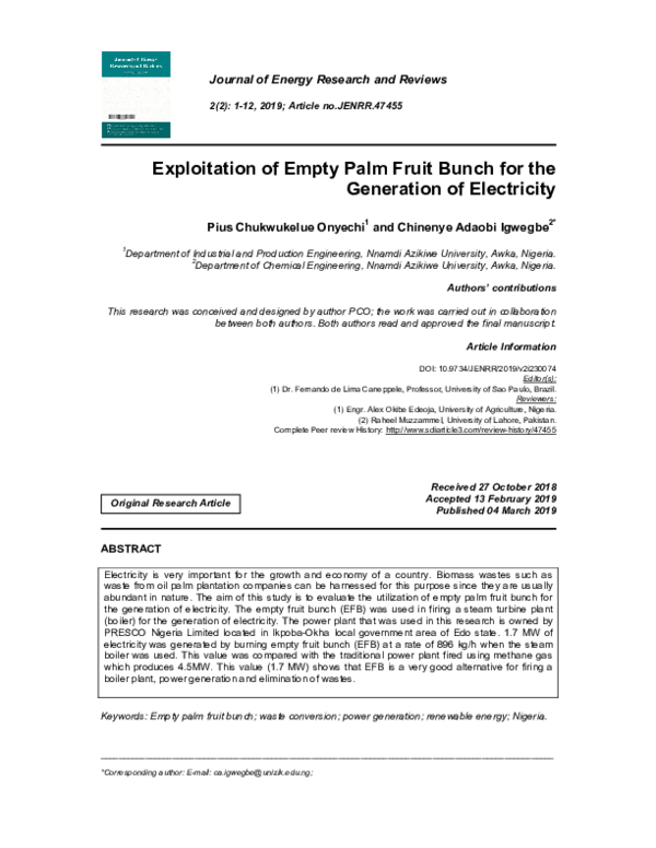 (PDF) Exploitation of Empty Palm Fruit Bunch for the Generation of ...