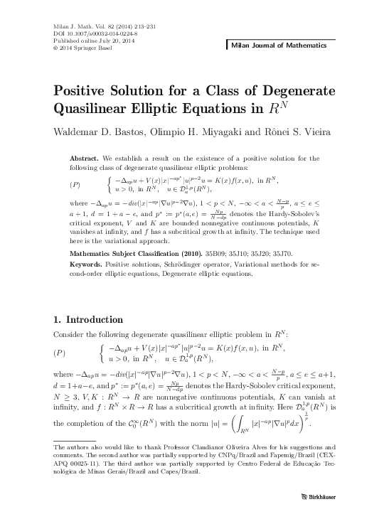 (PDF) Positive Solution for a Class of Degenerate Quasilinear Elliptic ...