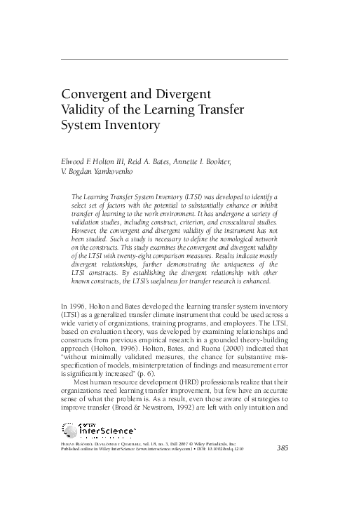 (PDF) Convergent and divergent validity of the learning transfer system ...