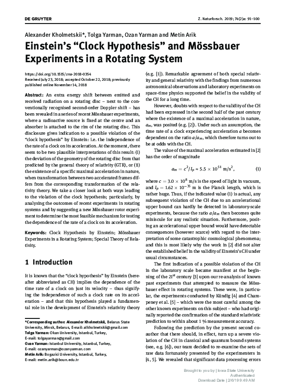 (PDF) Einstein’s “Clock Hypothesis” and Mössbauer Experiments in a