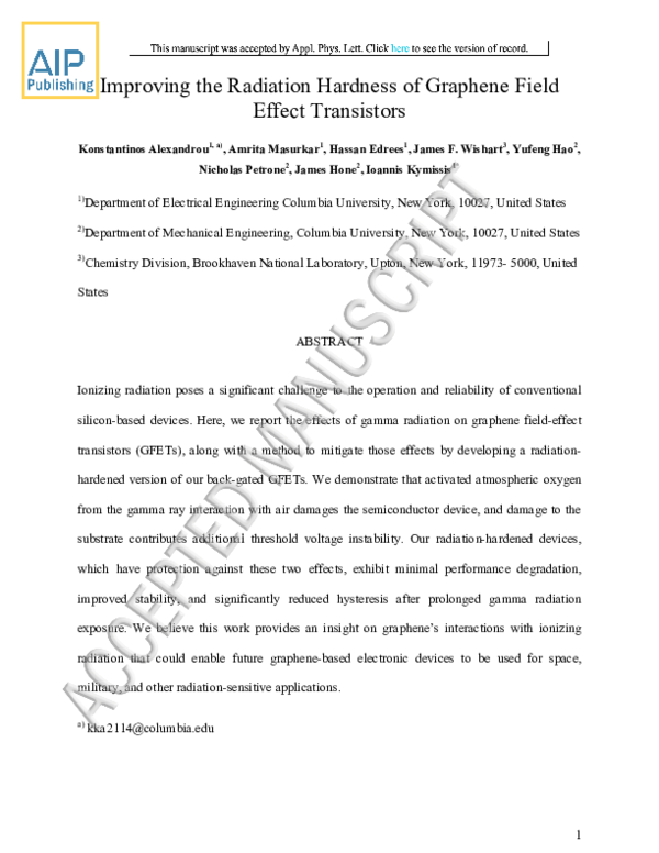 (PDF) Improving the radiation hardness of graphene field effect transistors
