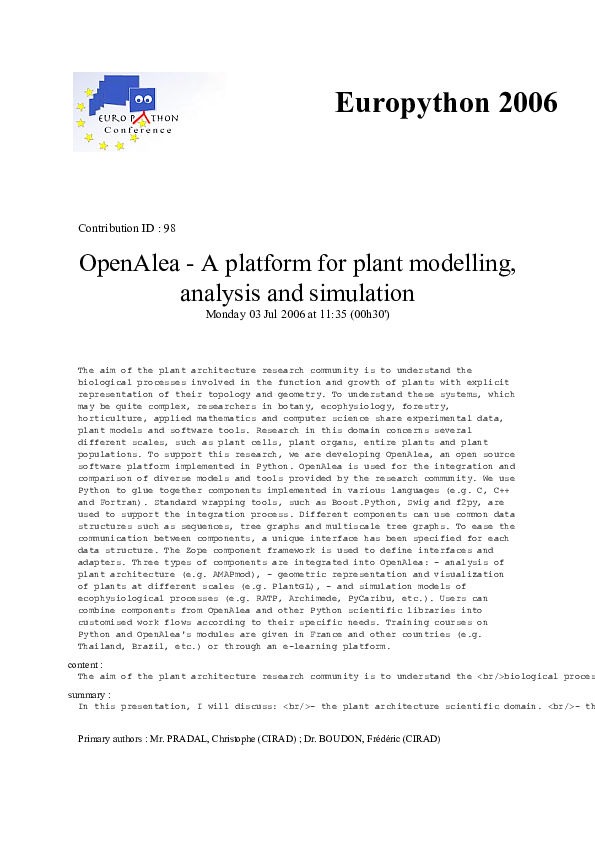 (PDF) OpenAlea - A platform for plant modelling, analysis and simulation