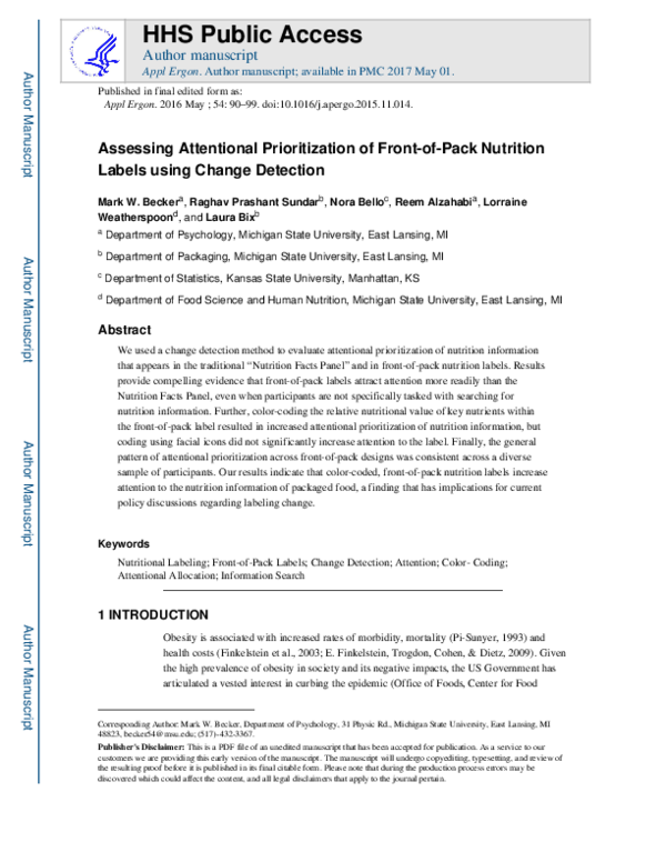 (PDF) Assessing attentional prioritization of frontofpack nutrition