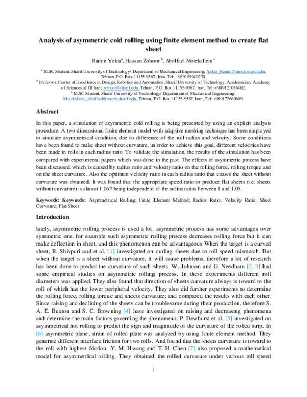 (PDF) Analysis of asymmetric cold rolling using finite element method ...