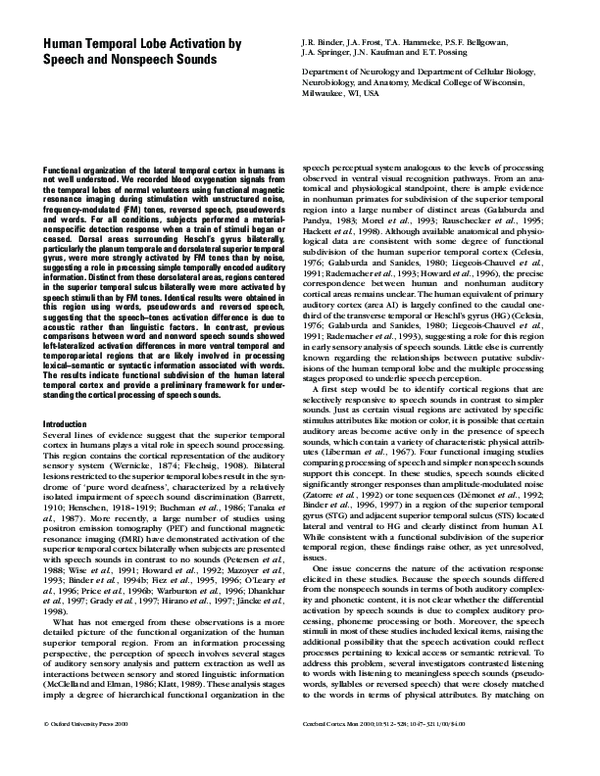 (PDF) Human Temporal Lobe Activation by Speech and Nonspeech Sounds
