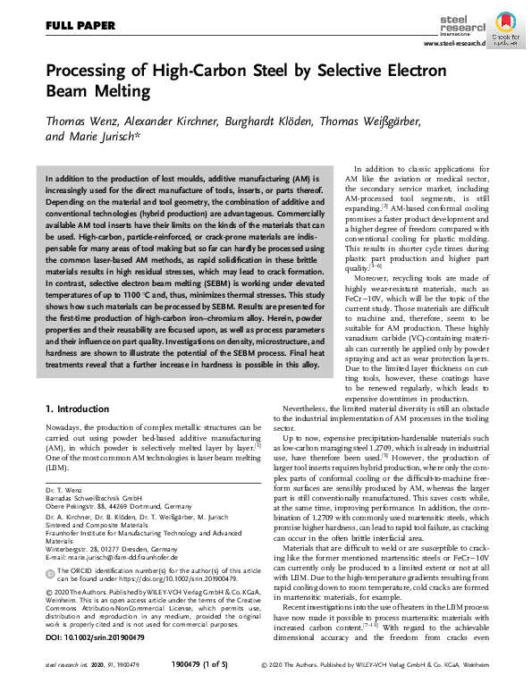(PDF) Processing of High‐Carbon Steel by Selective Electron Beam Melting