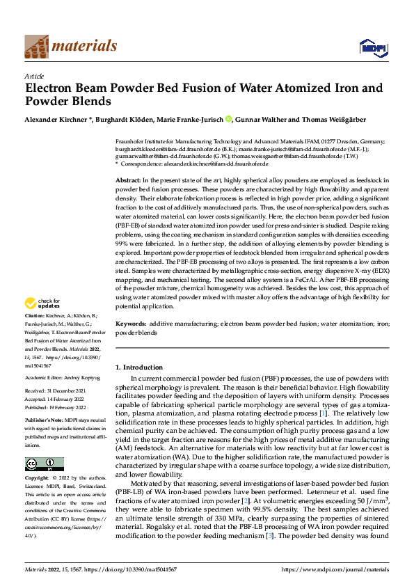 (PDF) Electron Beam Powder Bed Fusion of Water Atomized Iron and Powder ...