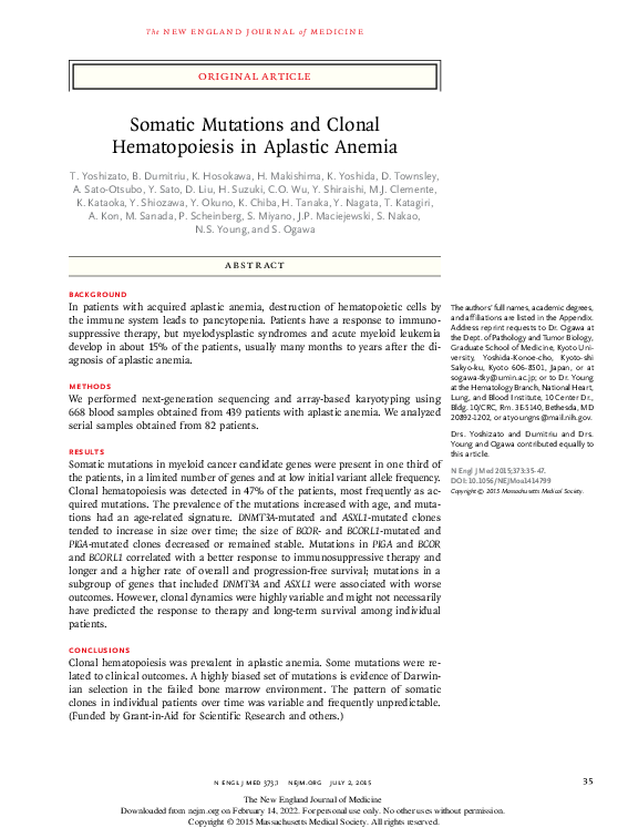 (PDF) Somatic Mutations and Clonal Hematopoiesis in Aplastic Anemia