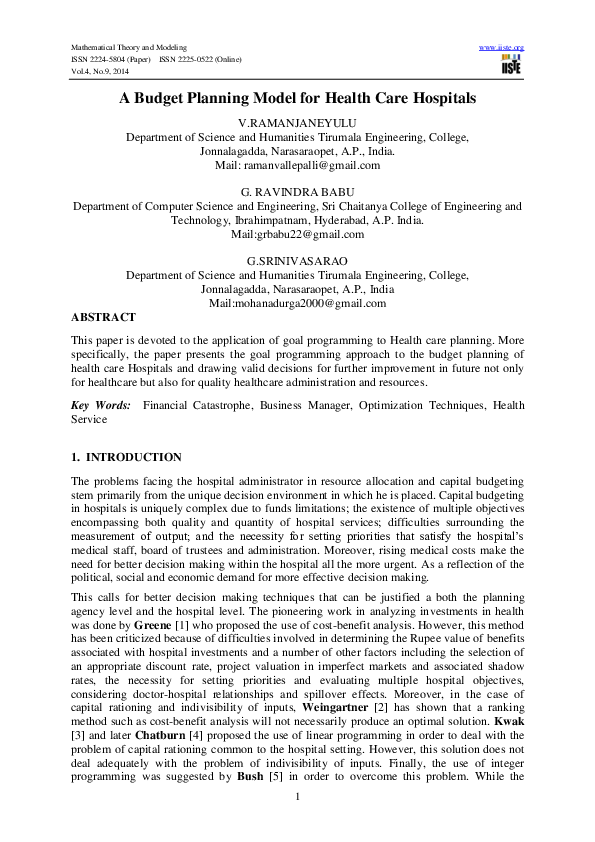 (PDF) A Budget Planning Model for Health Care Hospitals