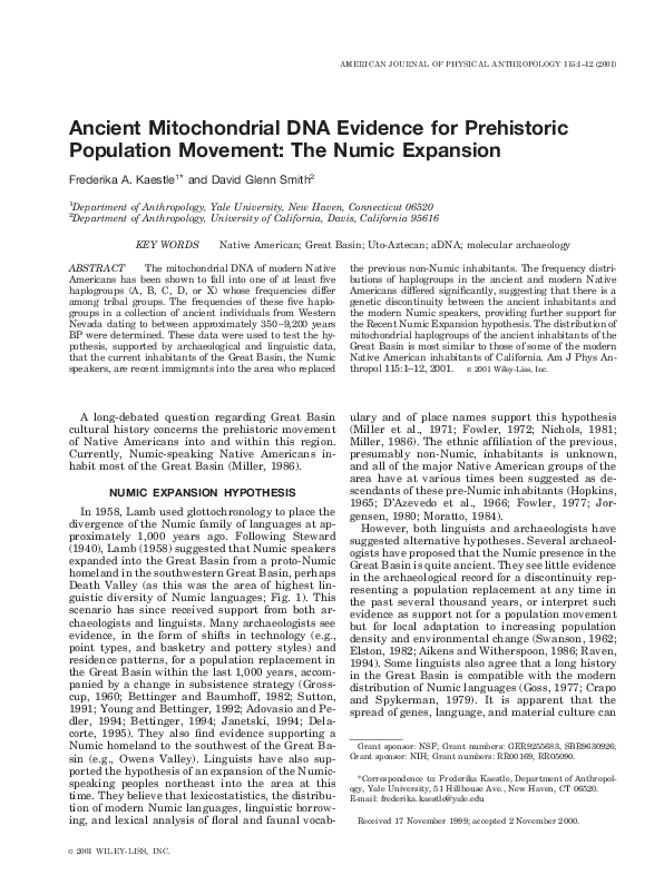(PDF) Ancient mitochondrial DNA evidence for prehistoric population ...